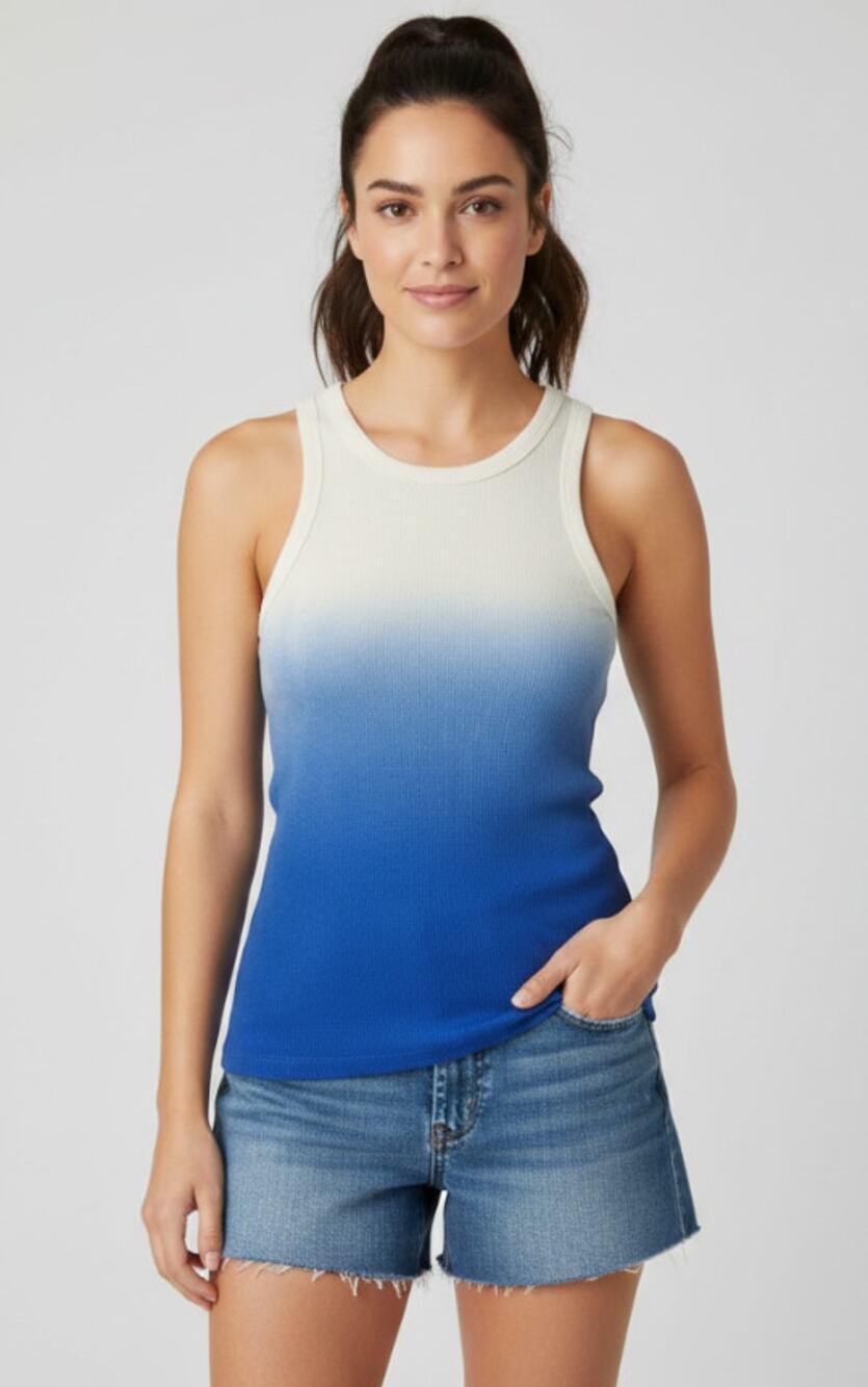 SUNDRY WMNS SZ 3/LARGE COTTON MODAL RIBBED STRETCH TANK TOP OMBRE BLUE WHITE NEW